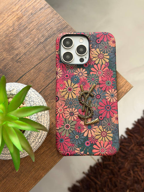 Luxury Floral Embossed Phone Case with 3D Metal Monogram