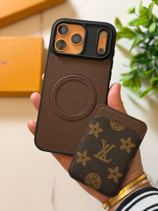 MagSafe Leather iPhone Case with Card Holder Wallet - IPhone 17 pro max - Brown LV