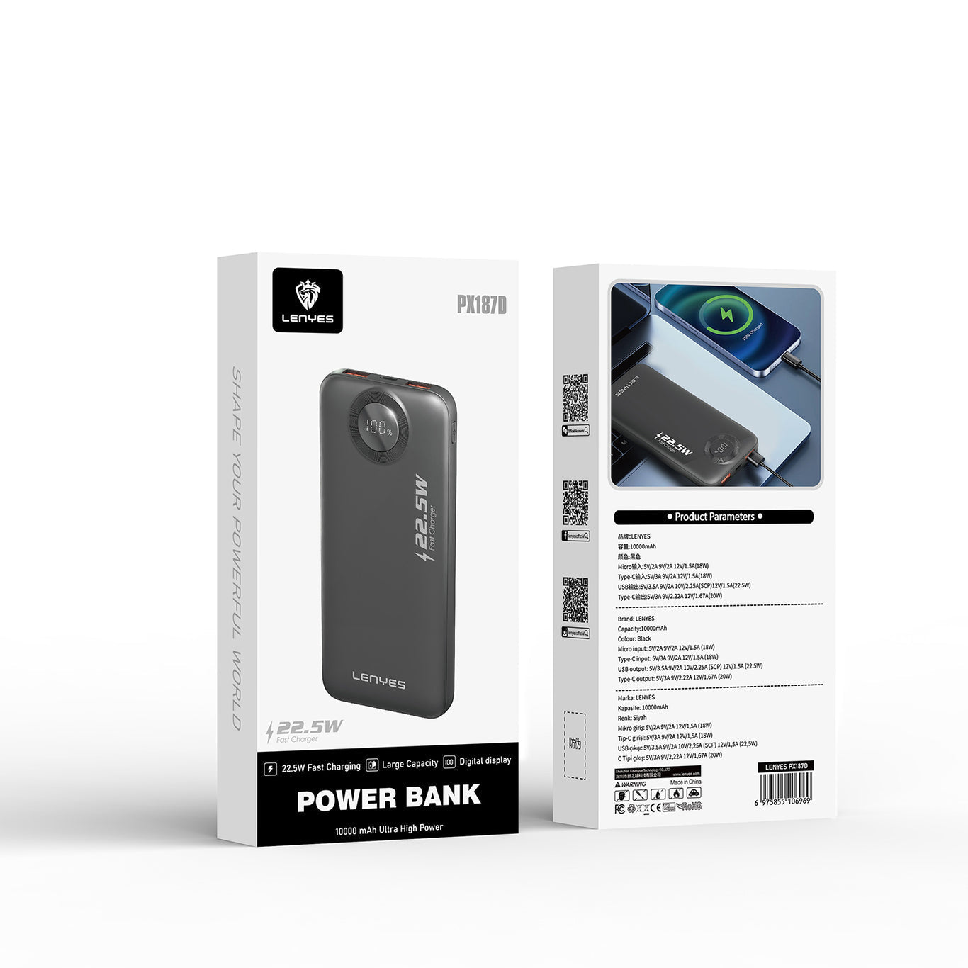 LENYES PX187D 10000mAh Portable Fast Charging Power Bank