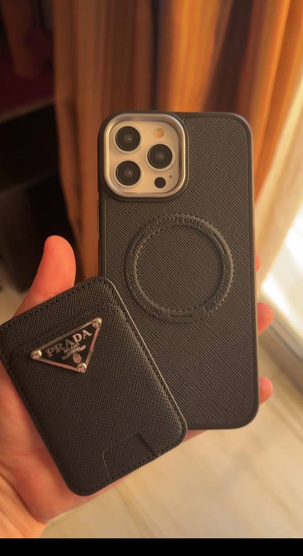 Prada Luxury MagSafe Case with Compact Wallet - iPhone 15 – Black
