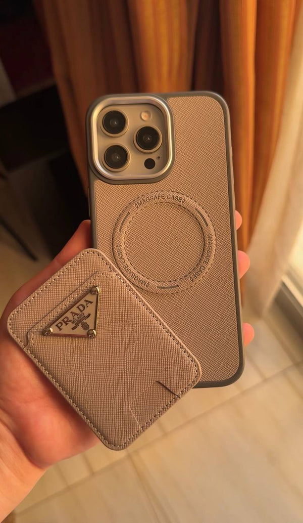 Prada Luxury MagSafe Case with Compact Wallet - iPhone 15 – Grey