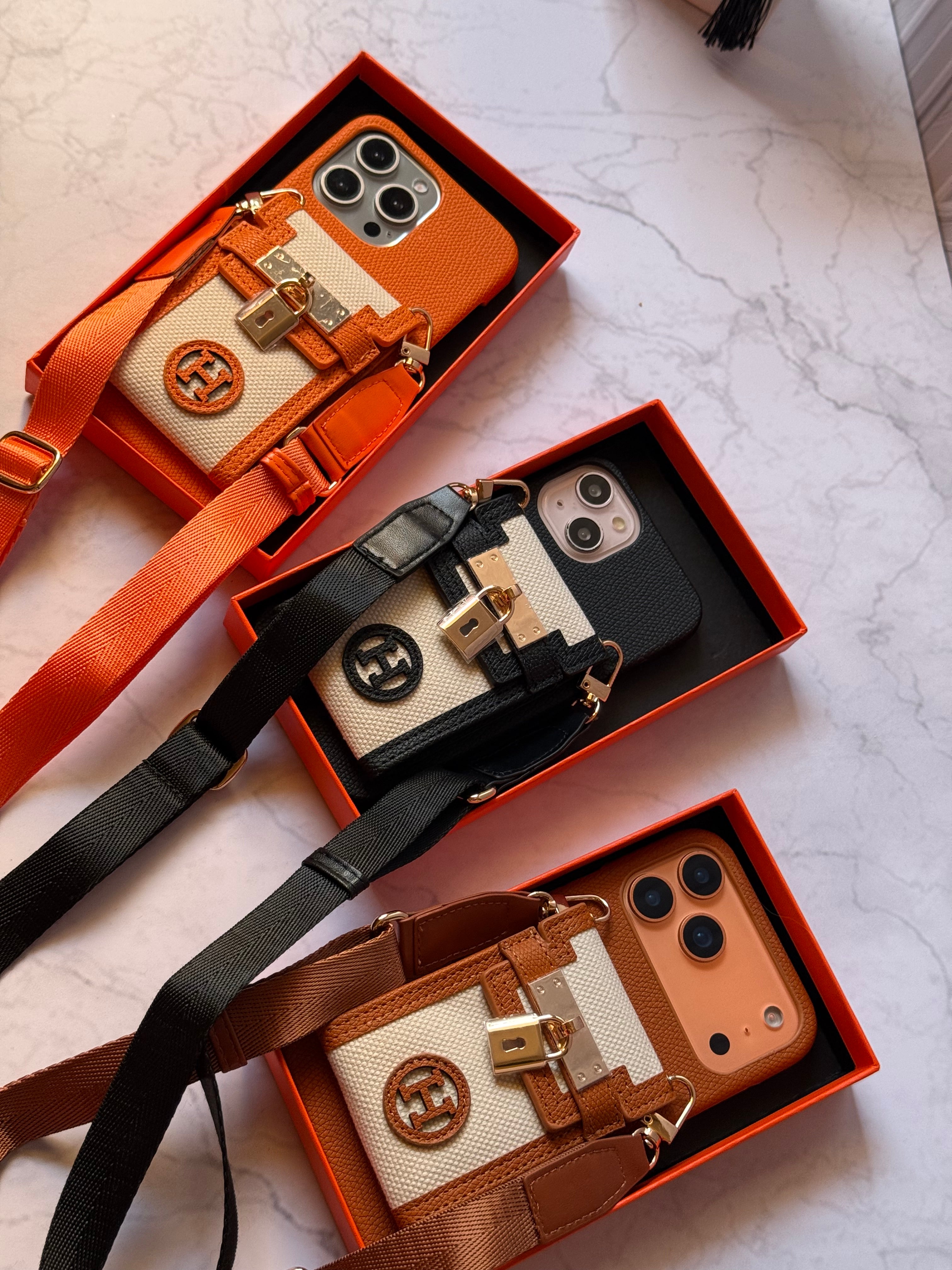 Luxury Designer-Style iPhone Case with Crossbody Strap and Card Holder