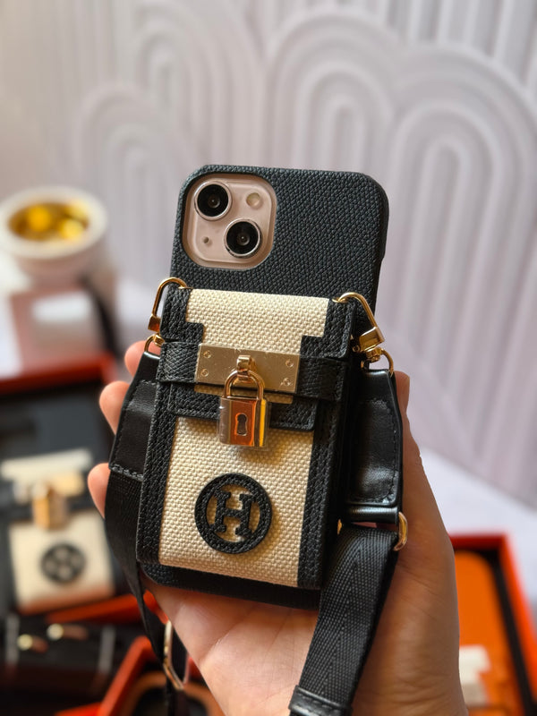 Luxury Designer-Style iPhone Case with Crossbody Strap and Card Holder - IPhone 13 pro max - Black