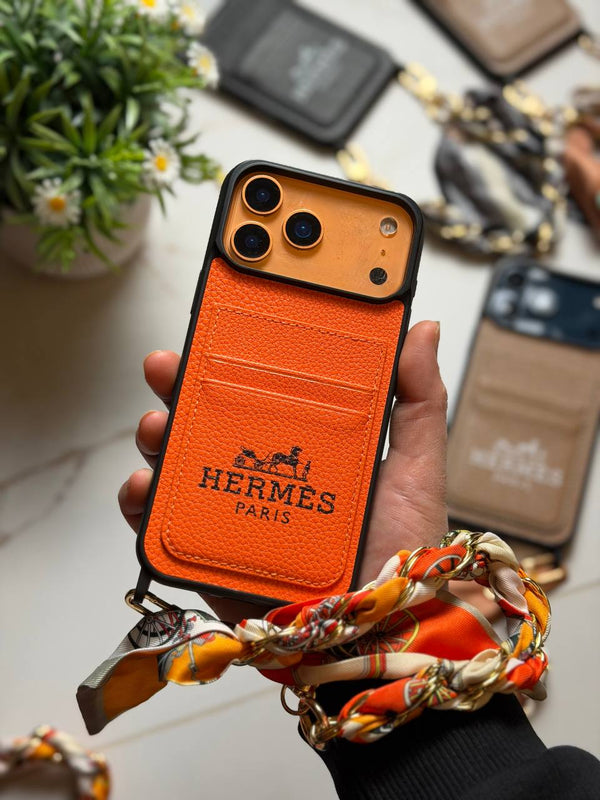 Hermès Paris Luxury Leather iPhone Case with Card Holder & Lanyard - IPhone 17 pro max - Orange