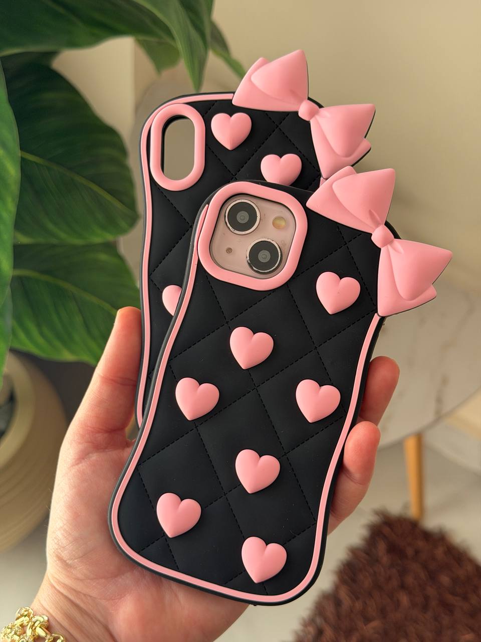 Black Quilted Heart & Pink Bow 3D Phone Case