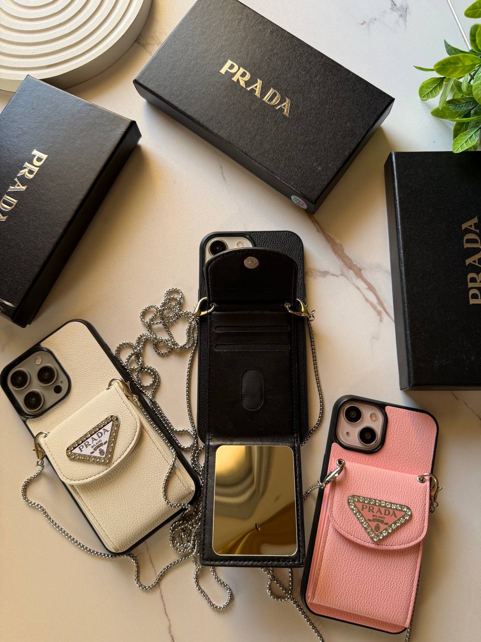 PRADA iPhone Case with Card Holder and Chain Strap