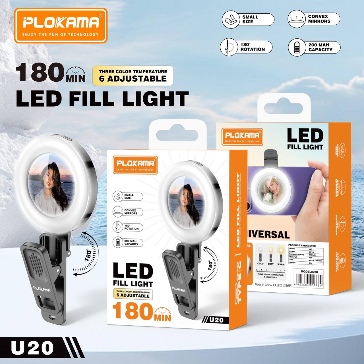 PLOKAMA U20 Portable LED Fill Light with Convex Mirro