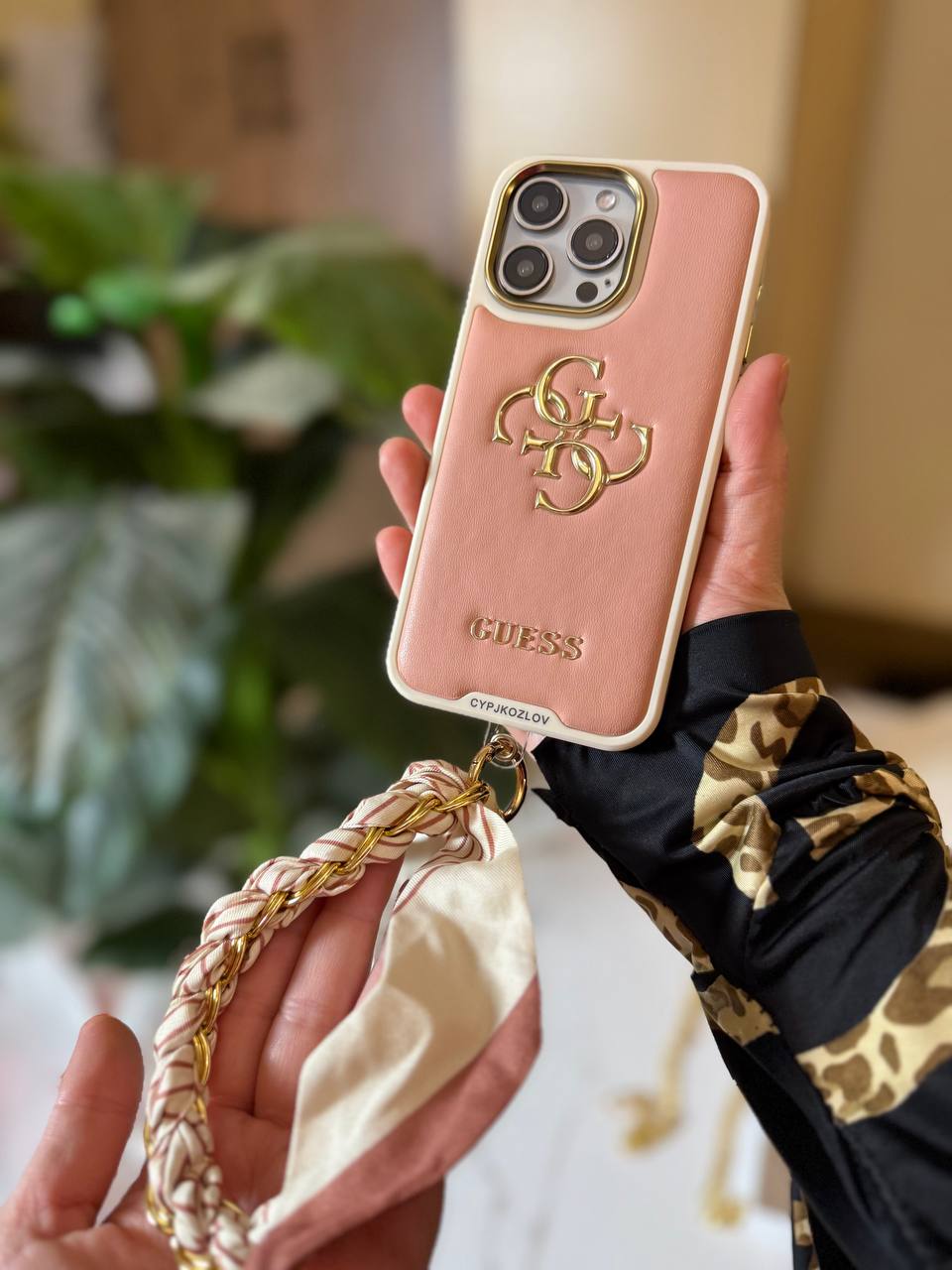 Guess Luxury Leather Phone Case with Adjustable Chain Strap & Crossbody Chain