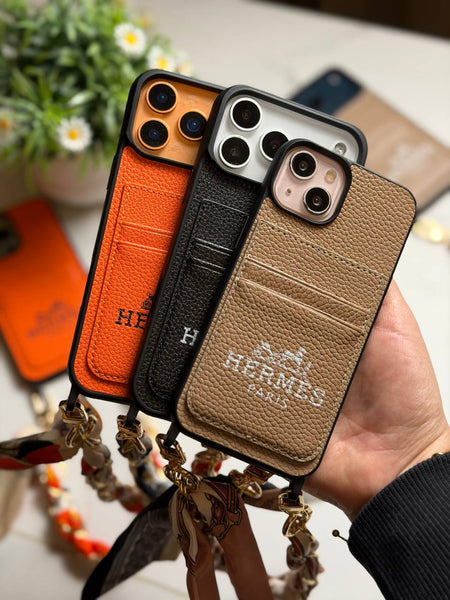 Hermès Paris Luxury Leather iPhone Case with Card Holder & Lanyard