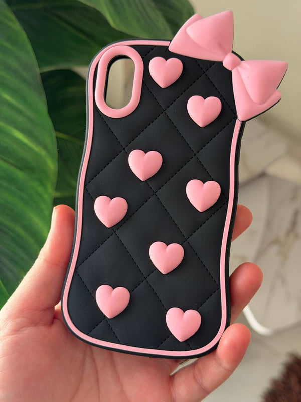 Black Quilted Heart & Pink Bow 3D Phone Case - IPhone X