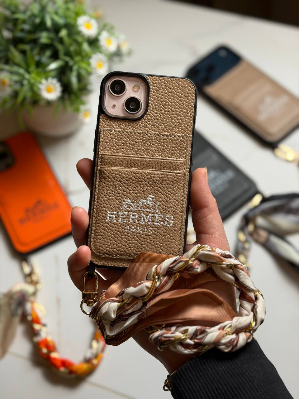 Hermès Paris Luxury Leather iPhone Case with Card Holder & Lanyard