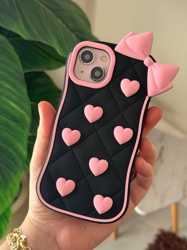 Black Quilted Heart & Pink Bow 3D Phone Case - IPhone 15 Pro
