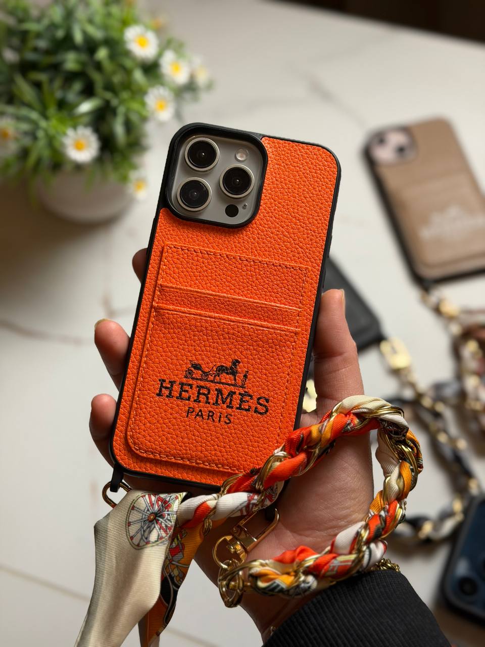 Hermès Paris Luxury Leather iPhone Case with Card Holder & Lanyard