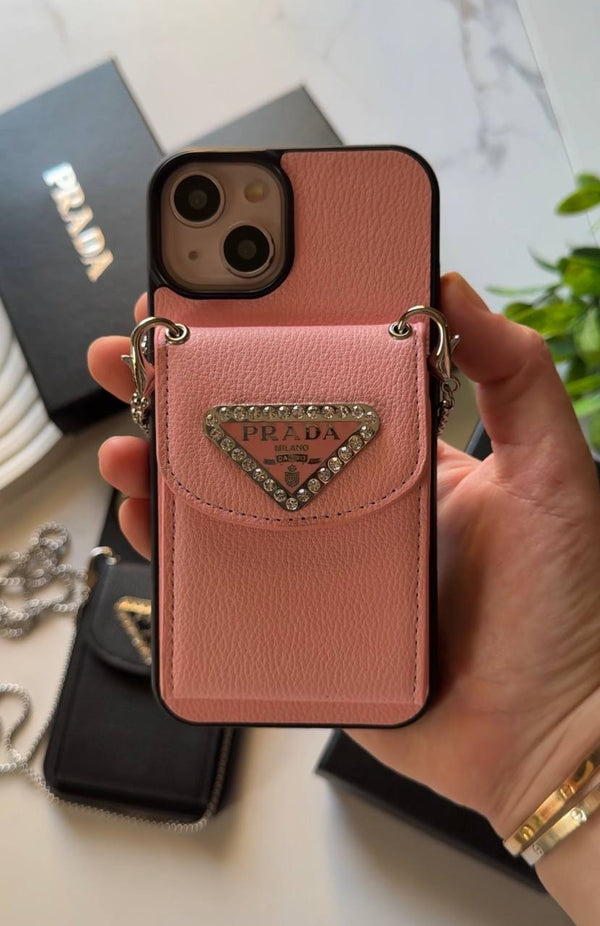 PRADA iPhone Case with Card Holder and Chain Strap - IPhone 16 pro max - Pink