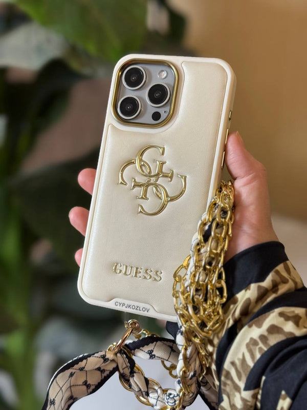Guess Luxury Leather Phone Case with Adjustable Chain Strap & Crossbody Chain - IPhone 15 pro max - Beige