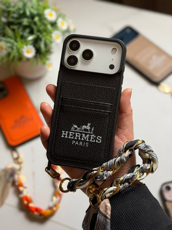 Hermès Paris Luxury Leather iPhone Case with Card Holder & Lanyard - IPhone 17 pro max - Black