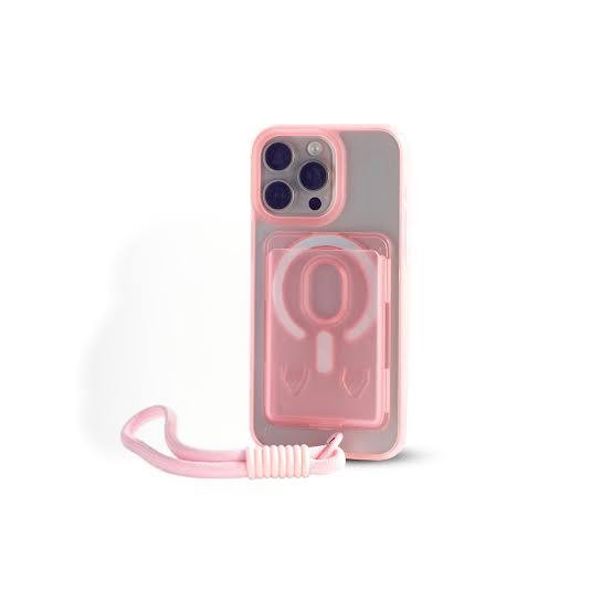 MagSafe Card Holder Phone Case with Wrist Strap - IPhone 15 pro max - Pink