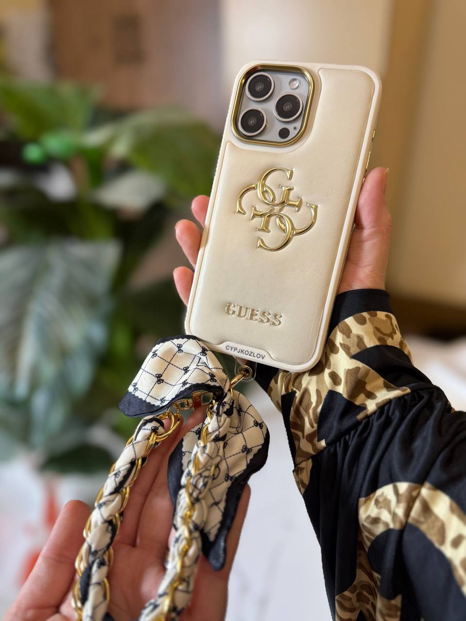 Guess Luxury Leather Phone Case with Adjustable Chain Strap & Crossbody Chain