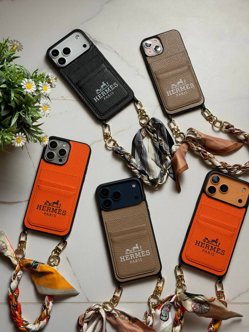 Hermès Paris Luxury Leather iPhone Case with Card Holder & Lanyard